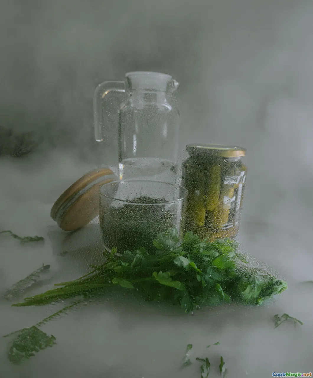 blender with herbs, condiment jar, Haitian kitchen