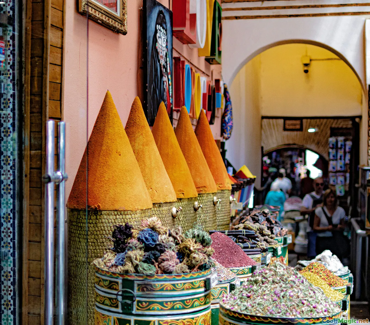 bustling Moroccan street, colorful market, street food stalls