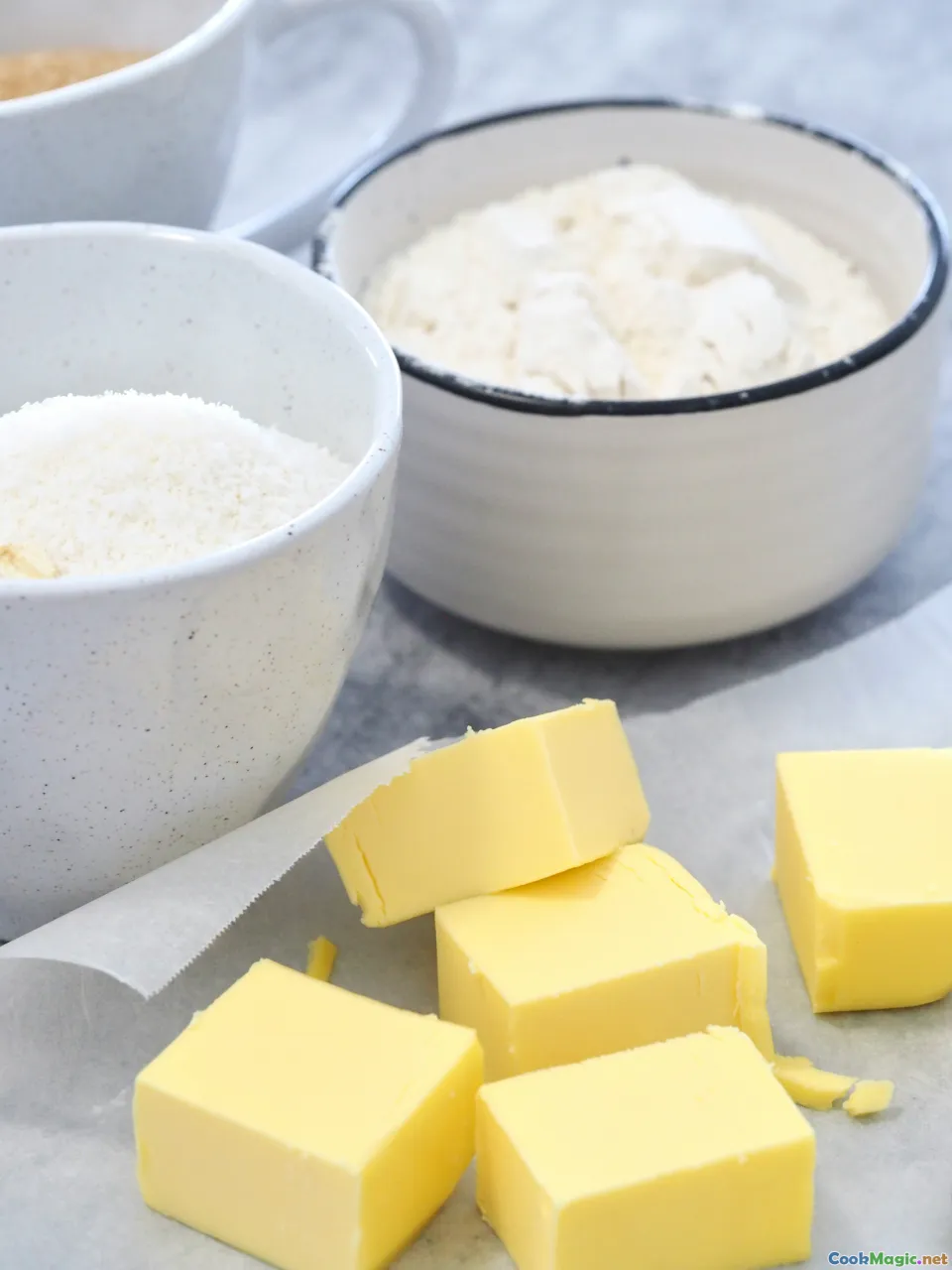 butter, pastry ingredients, kitchen essentials, flour, scales