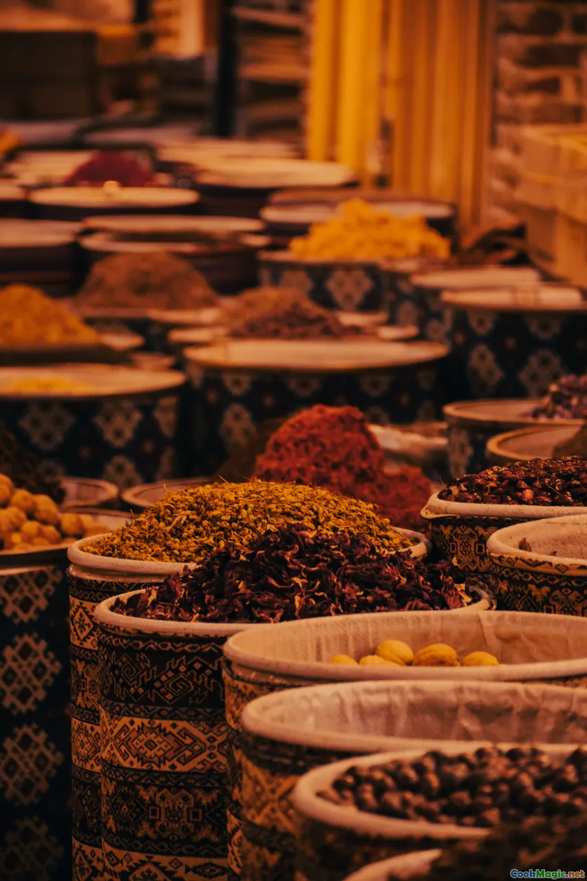 colonial architecture, market scene, imported spices, colonial-era cooking