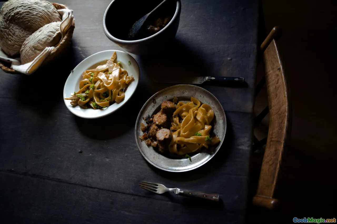 cooking process, mashed potatoes, sautéing cabbage and pork, serving dish