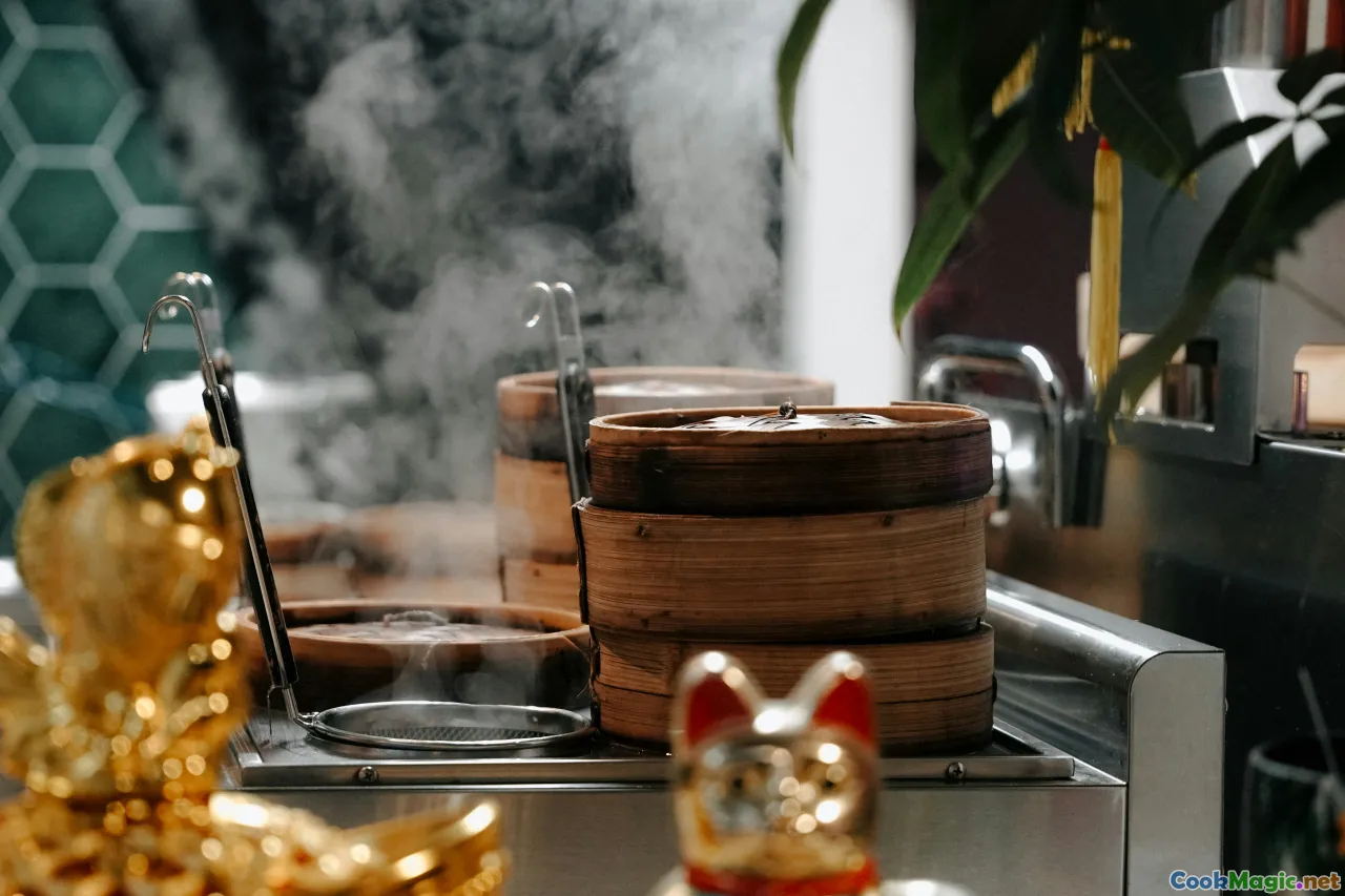 family kitchen, enamel pot, steaming drink, wooden table