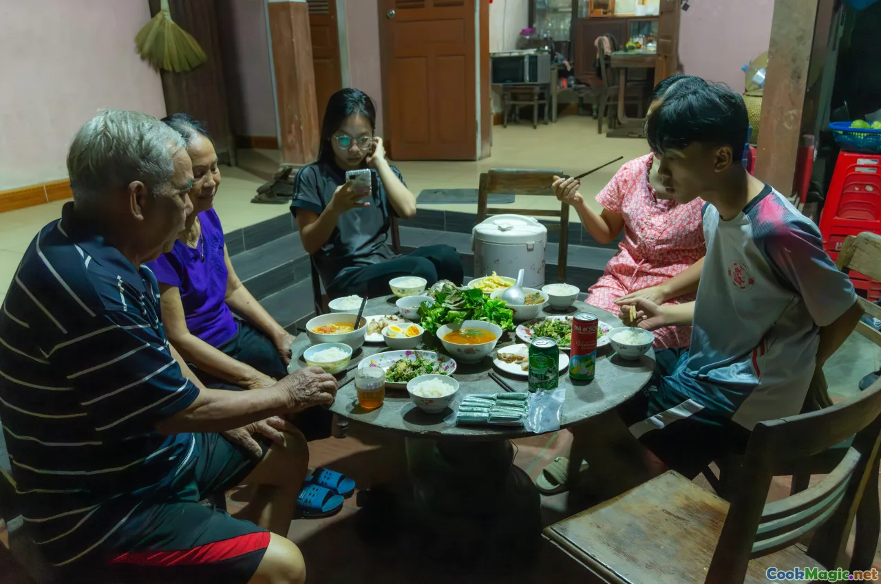 family sharing meal, cultural festival, chef at work