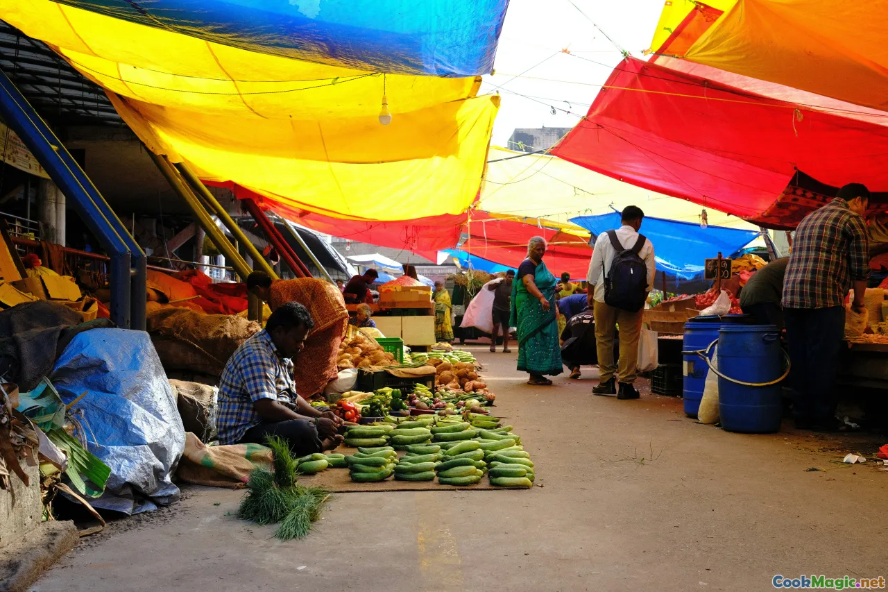 food stall, colorful produce, bustling market, local cuisine, vibrant food festival