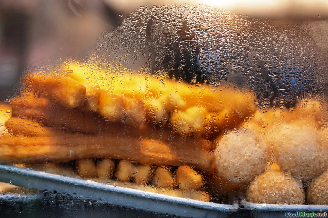 fried bakes, street food, morning light, golden crust