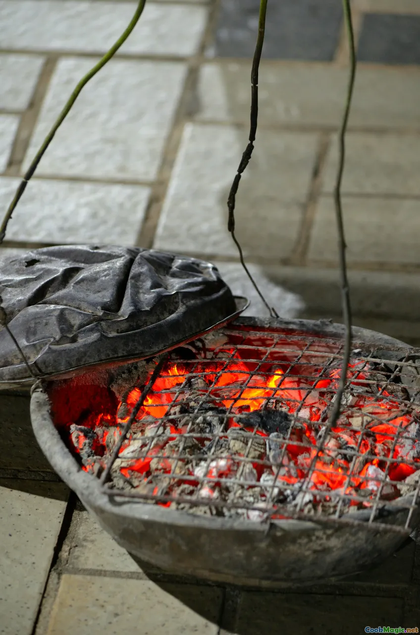 grilled satay, charcoal fire, plating style