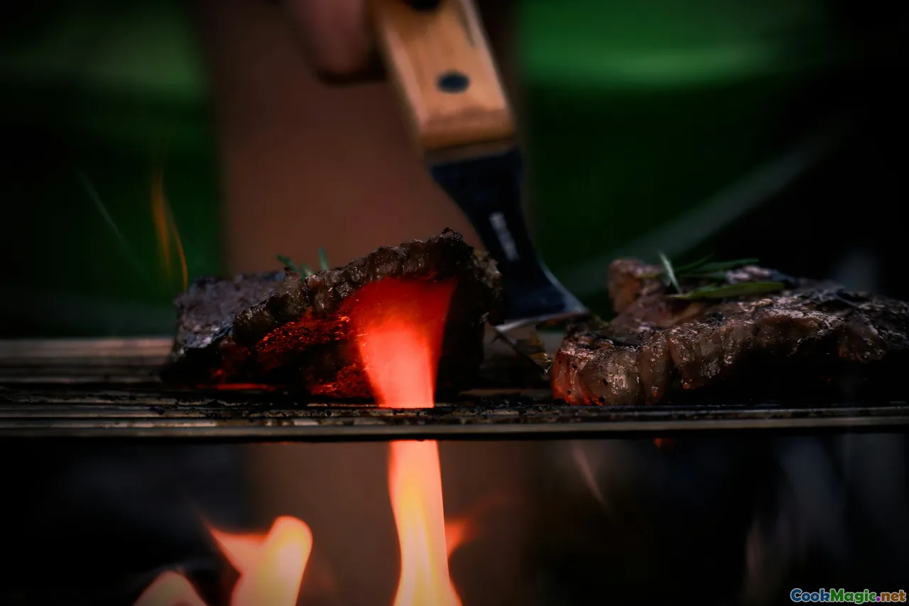 grilling meat, open flame, skewers, traditional tools