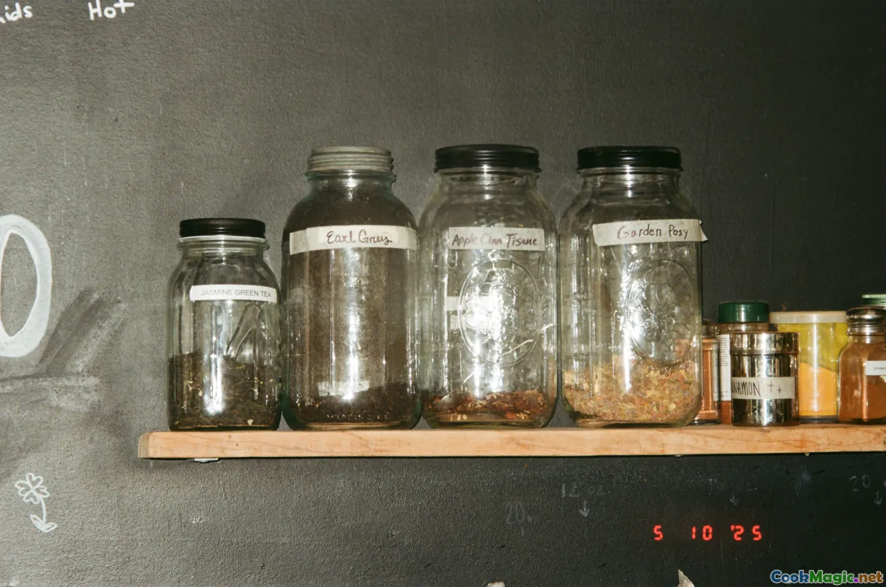 home kitchen, smoked fish, spice jars, cutting board