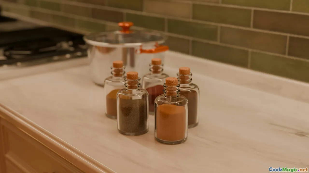 homemade spices, kitchen counter, spice jars