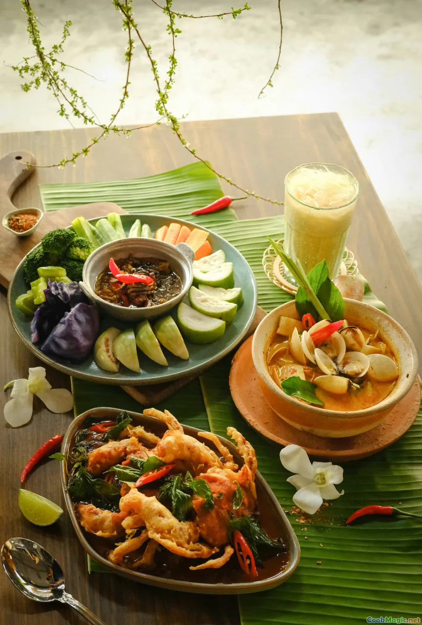 Indonesian dishes, sambal served on table, traditional serving dishes