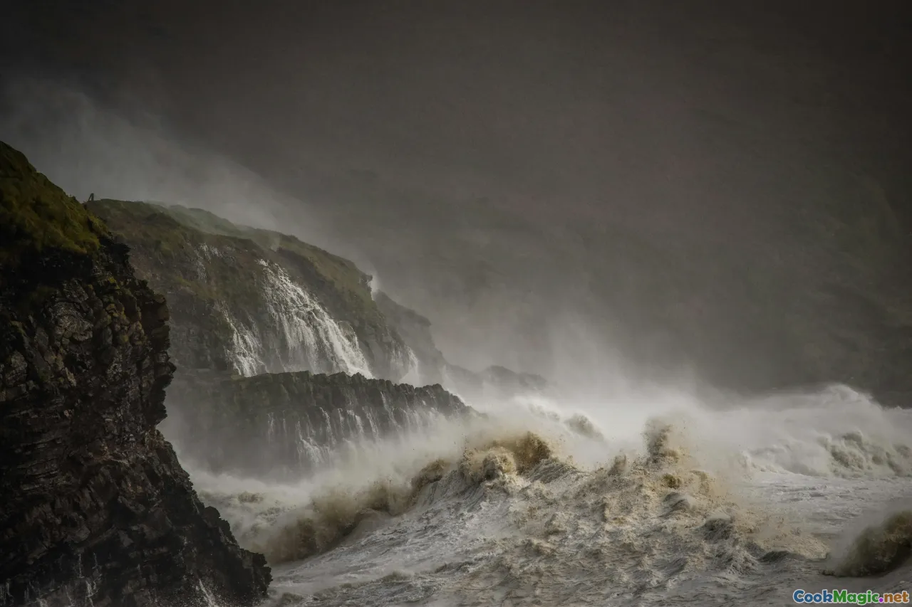 Irish coast rain, chowder bowl, hearth, storm