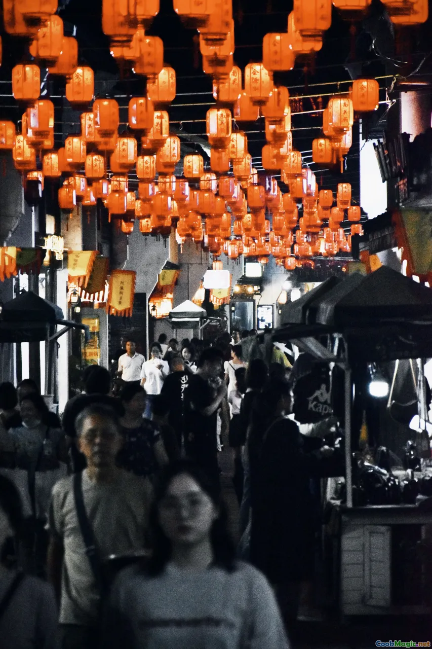 Japanese street market, lanterns, bustling stalls