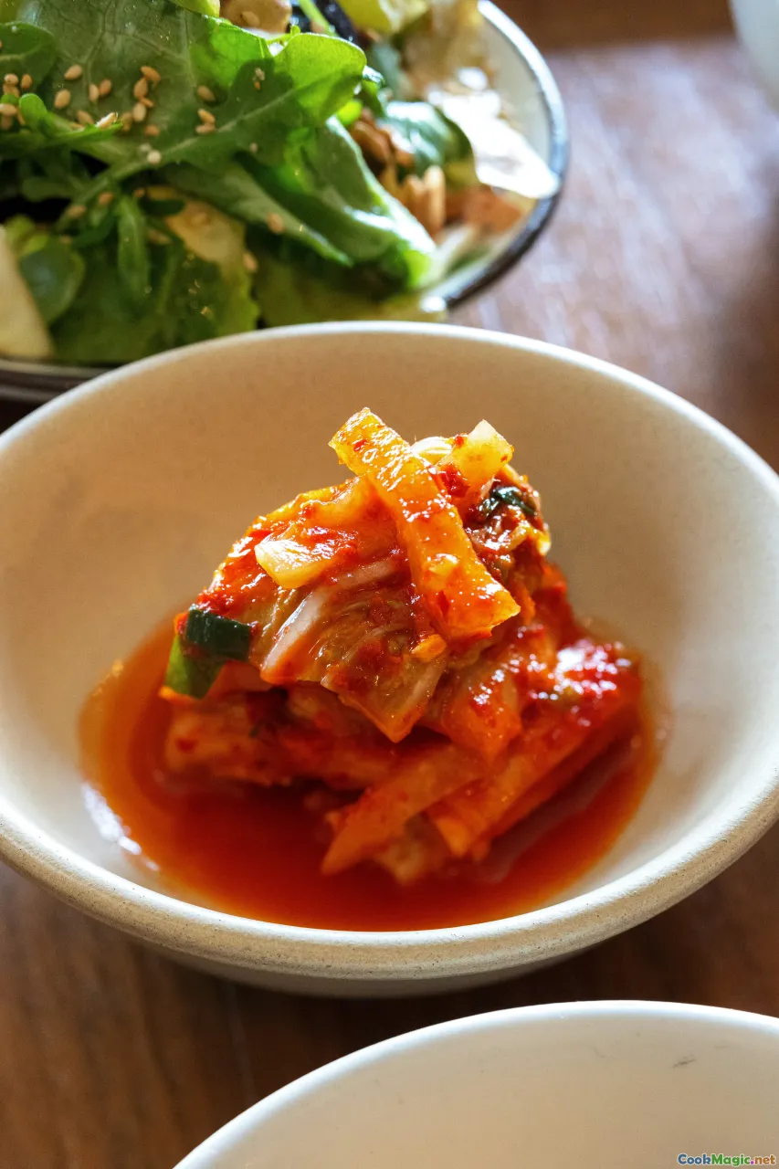 kimchi, seasoned spinach, pickled radish, fermented soybean paste