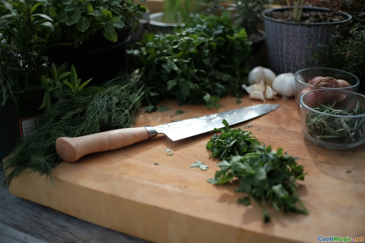 knife and board, zest, pestle, herbs