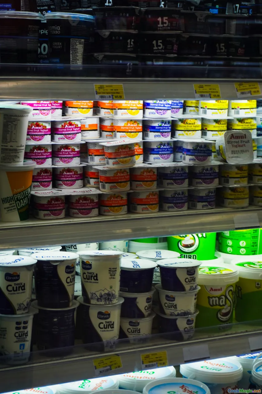 market stall, sacks of grains, yogurt jars, label