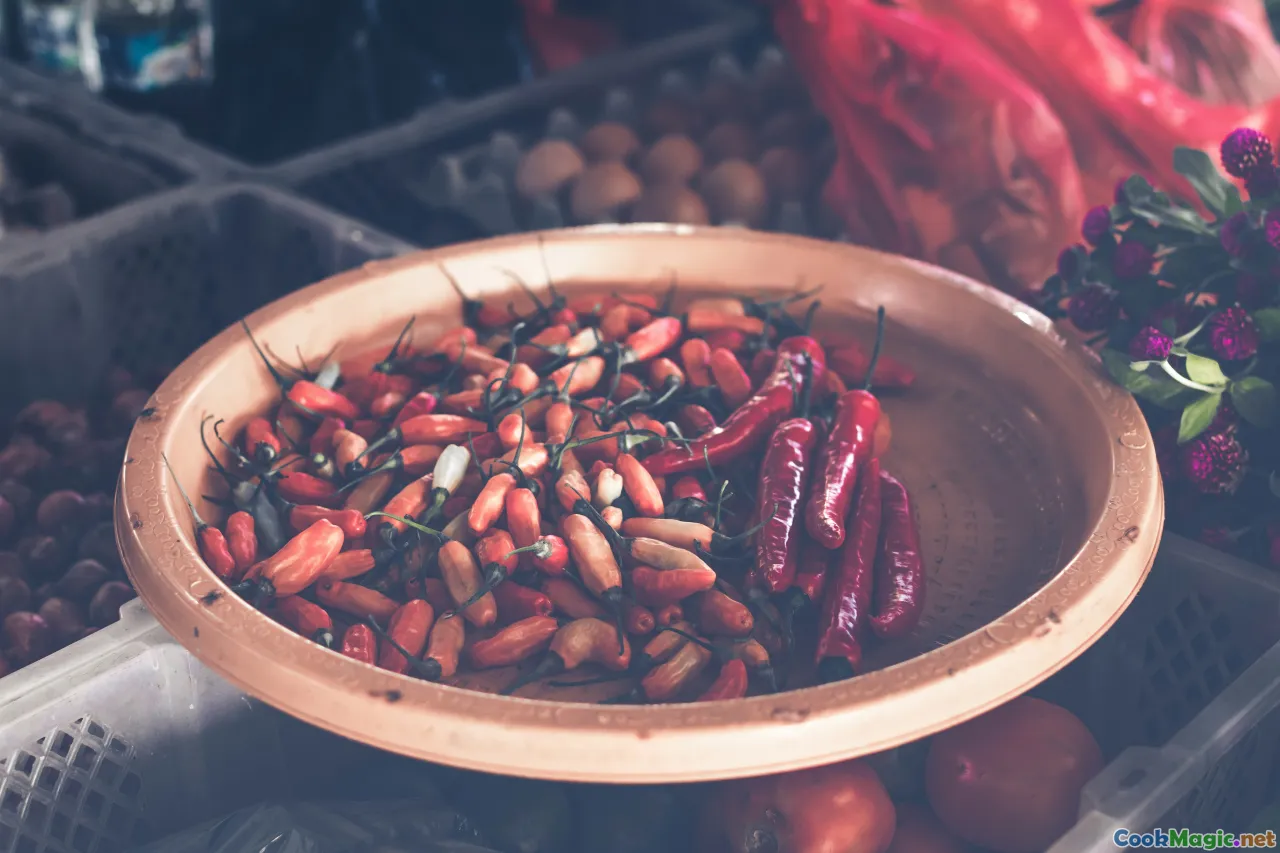 Mexican market, traditional mole ingredients, vibrant chilies