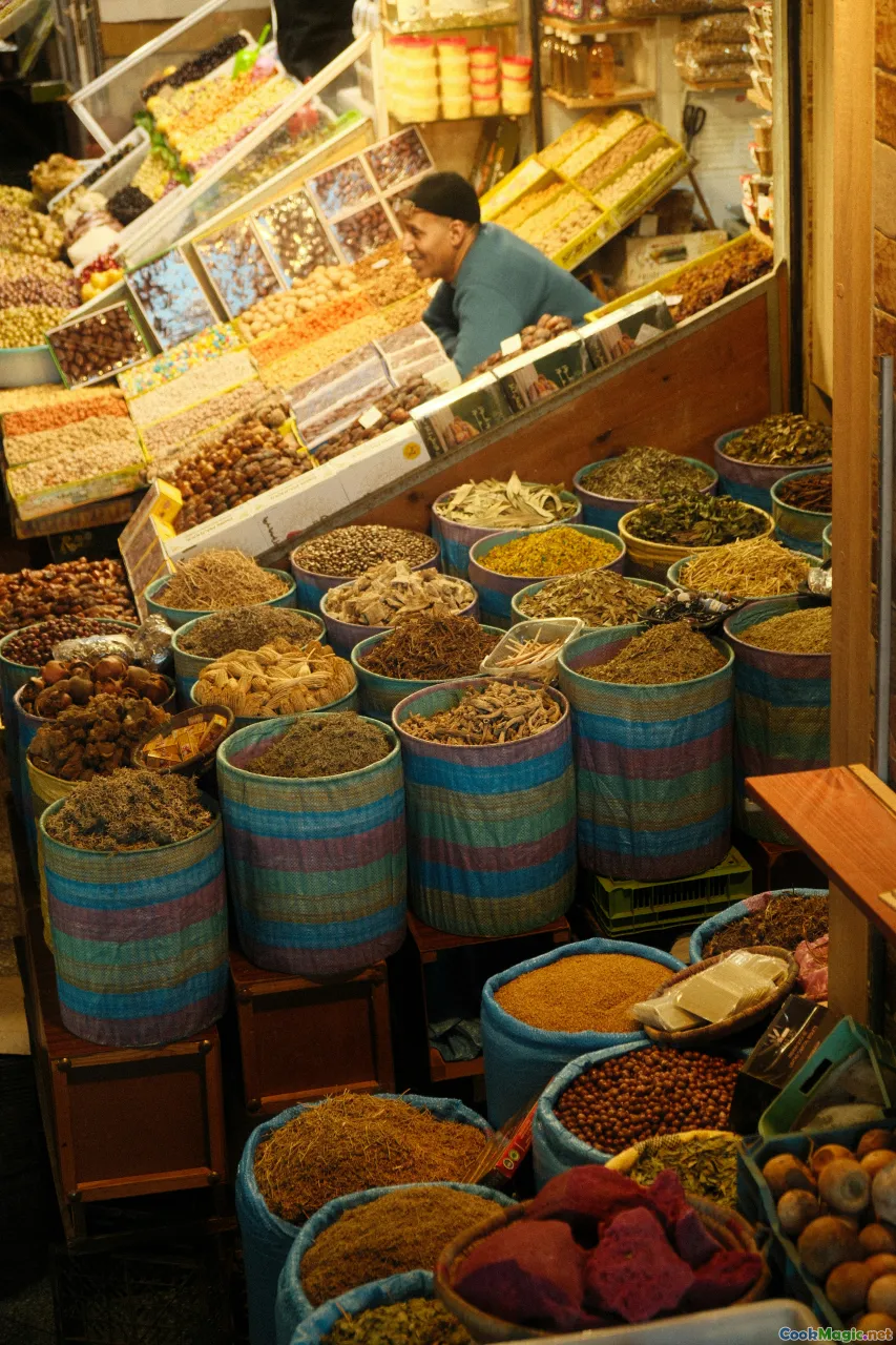 Moroccan street market, medina, spices, street vendors