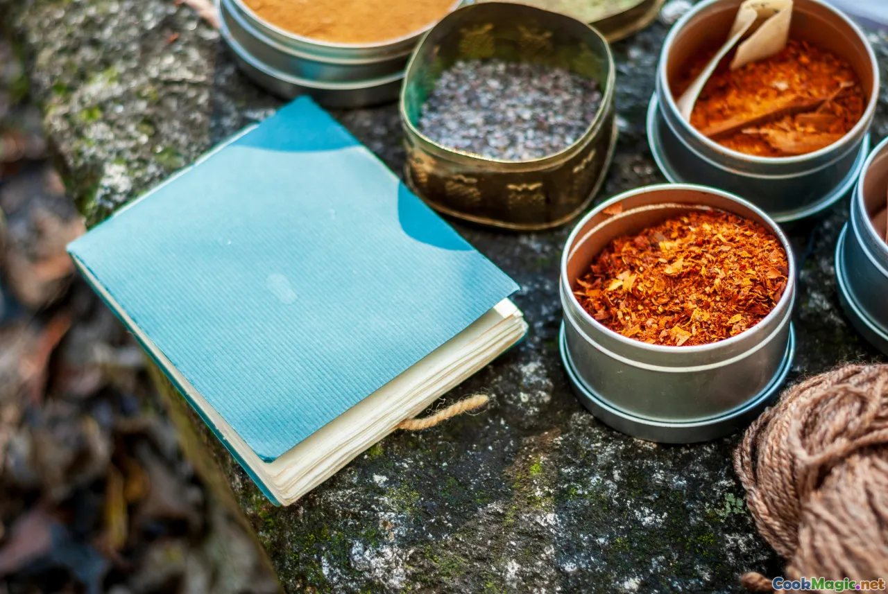 notebook, spices, hot stones, chef hands