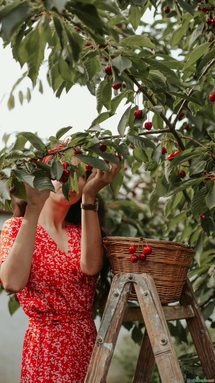 orchard path, summer festival, cherry picking, grandmother