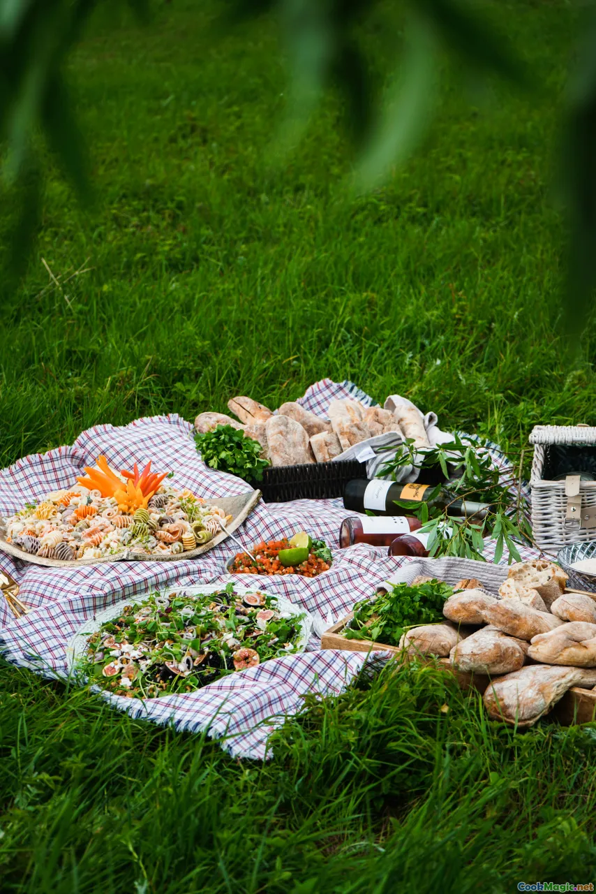outdoor party, picnic spread, serving bowls, summer vibe