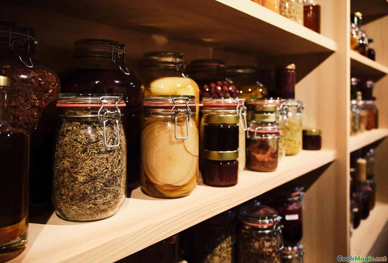 pantry staples, jars, spices, grains