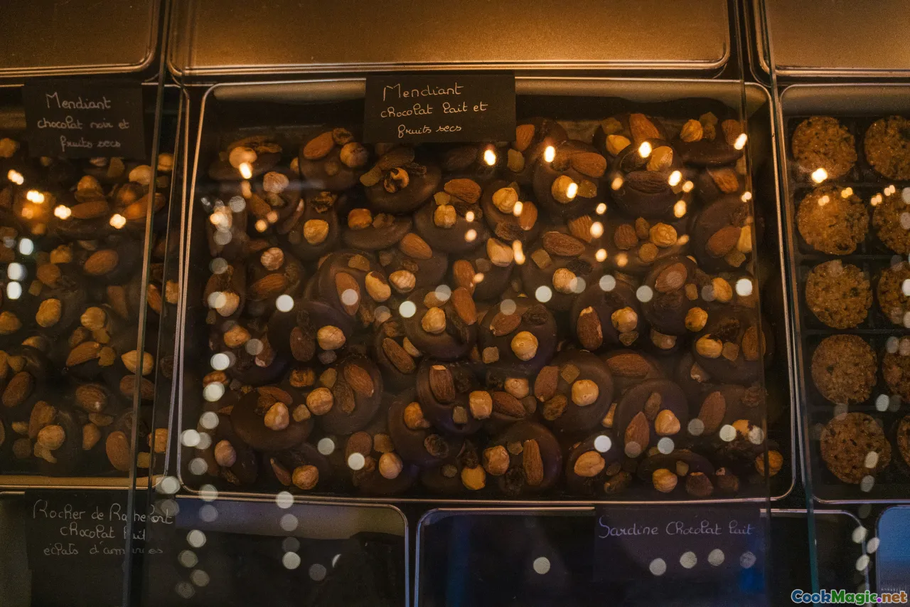 pistachio galette, candied fruit brioche, chocolate filling, bakery display