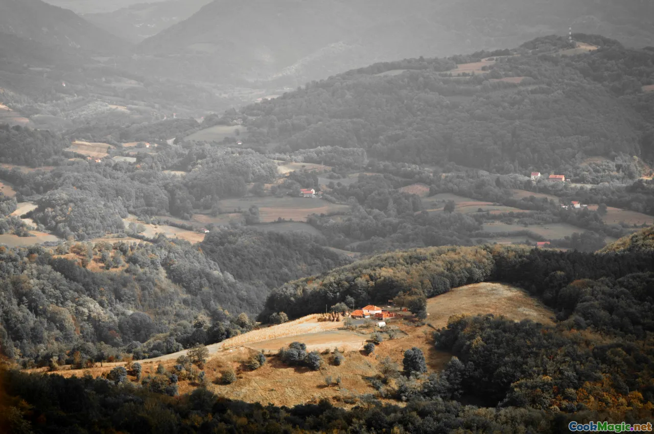 Pyrenees landscape, mountain village, Catalan flag, traditional kitchen