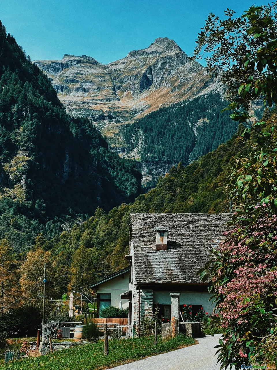 Pyrenees mountains, traditional Andorran house, honey jars, mountain landscape