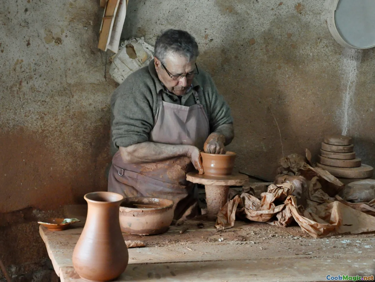 regional map, olives, rustic pottery, family gathering
