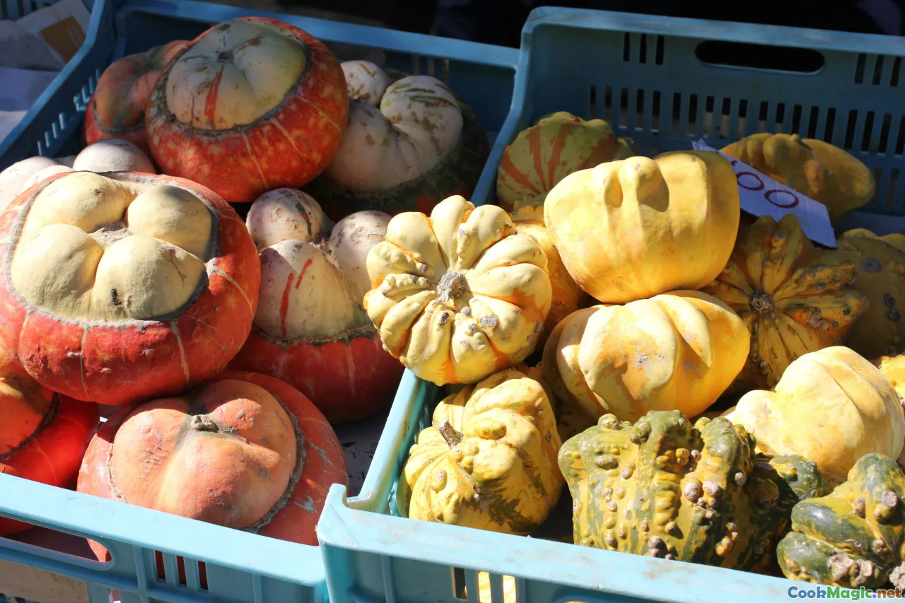 seasonal produce, market stalls, spring greens, autumn pumpkin