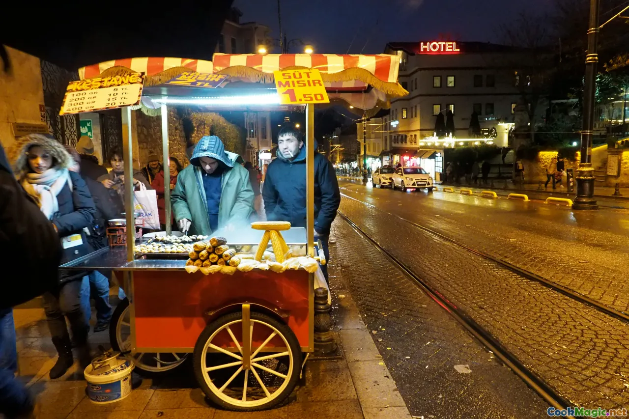 street food, night market, rainy evening, vendor