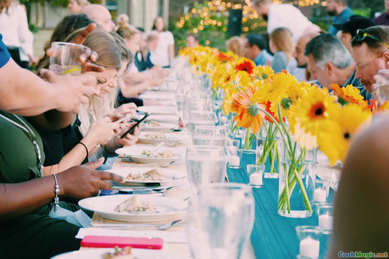 table, communal dining, feast, summer evening