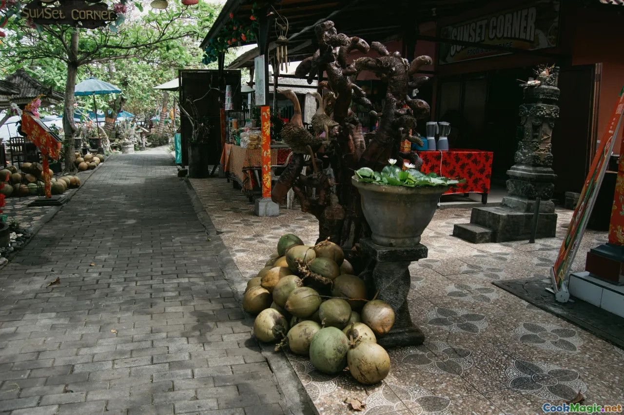 tropical fruits, seafood, coconut, taro, local markets