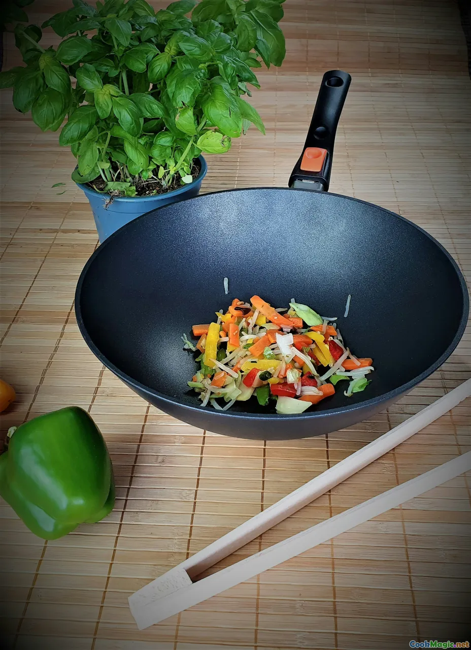 wok, spatula, soy sauce, sesame oil, vegetables