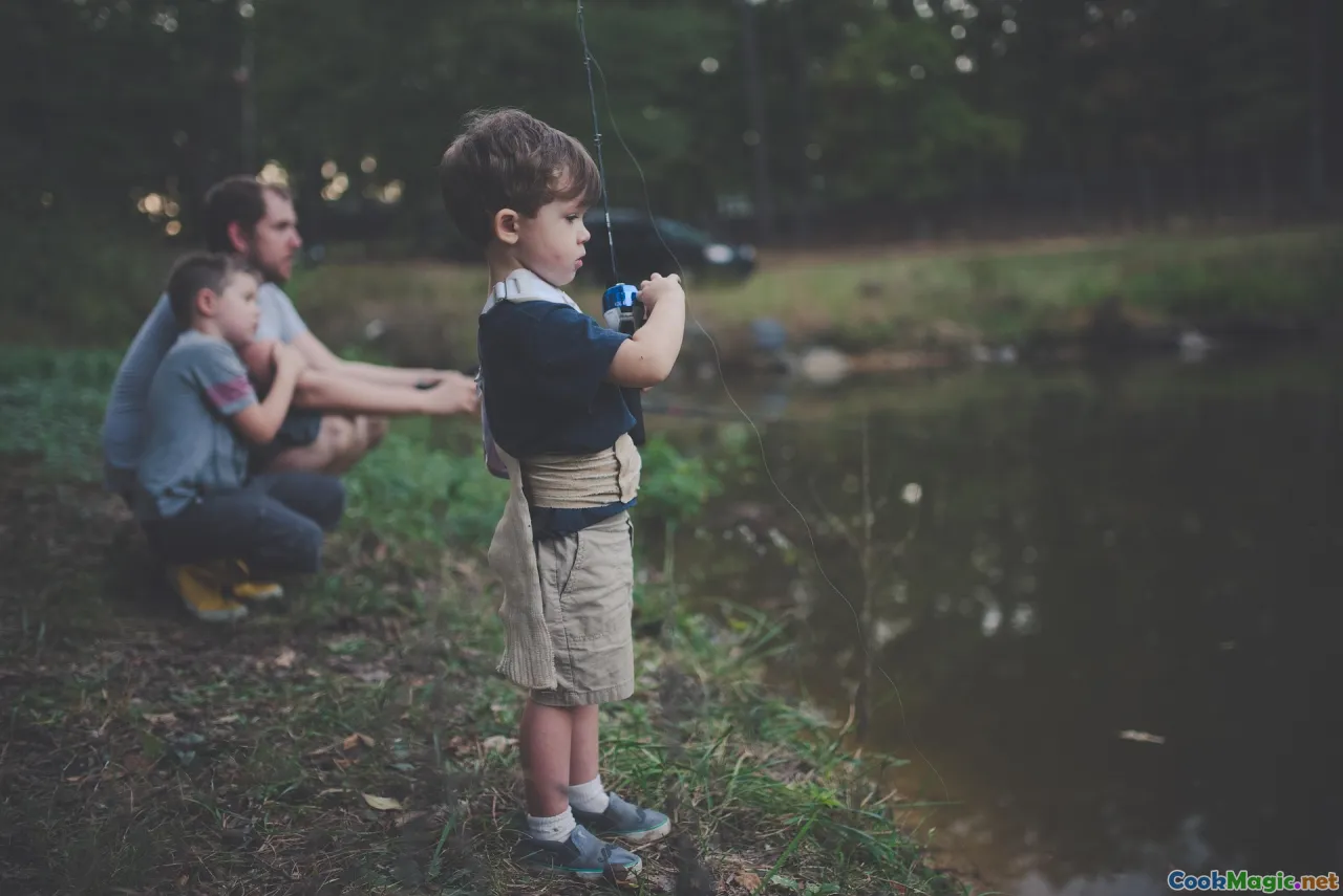 children fishing, learning to cook, family kitchen, reef