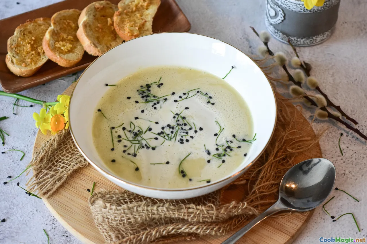 chopped herbs, completed soup, serving bowl