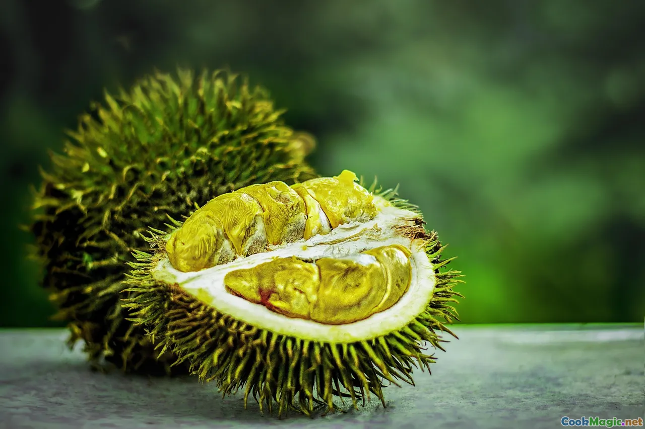 durian, pandan leaves, tropical fruit platter