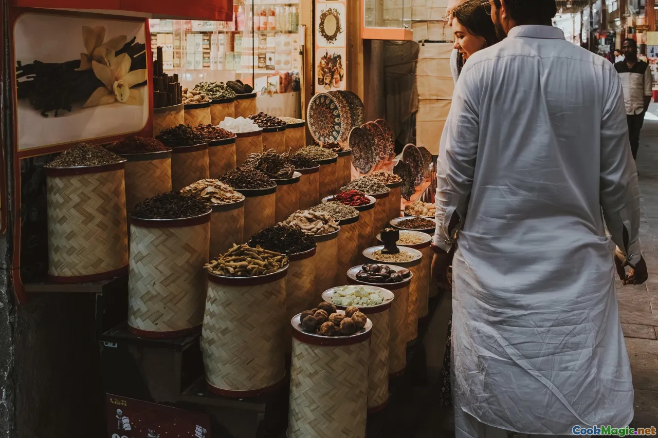 Moroccan spice market, aromatic spices, colorful spices, Moroccan spices, market stall