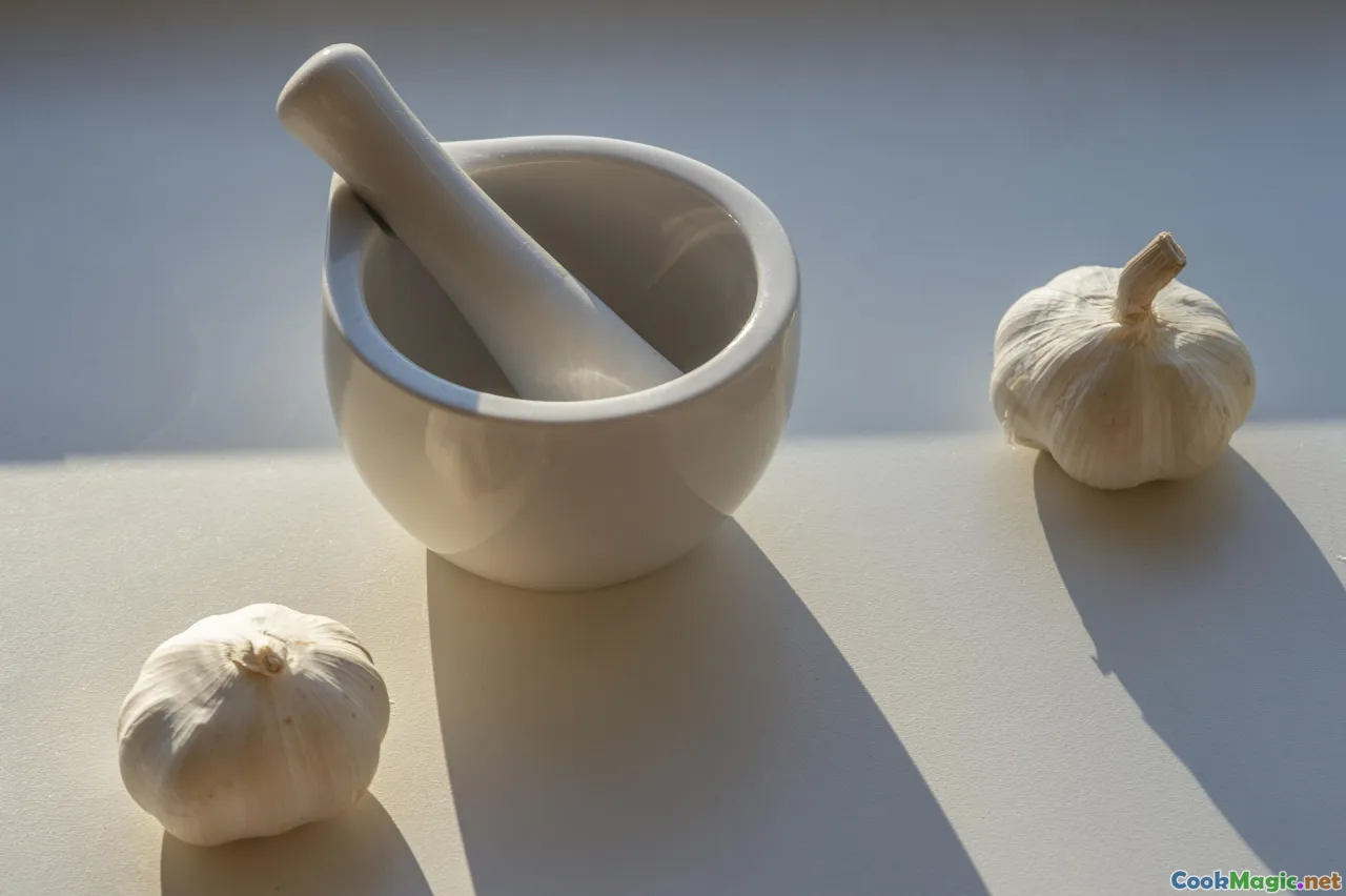 mortar pestle, garlic, paprika, bay