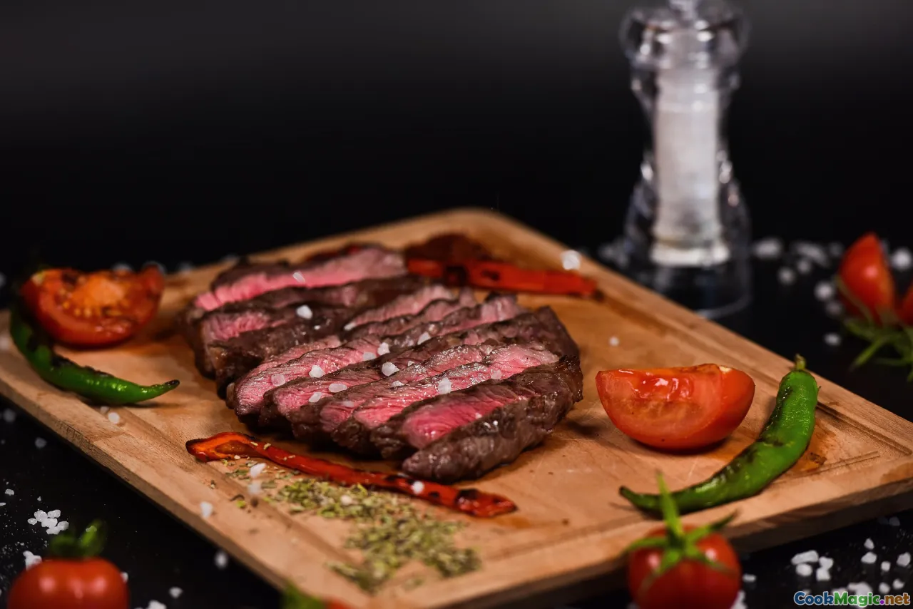 venison steak, spice jars, alpine meadow, tasting board