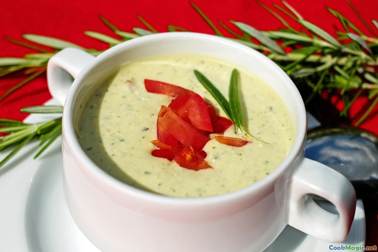 yogurt soup, herbs, copper pot