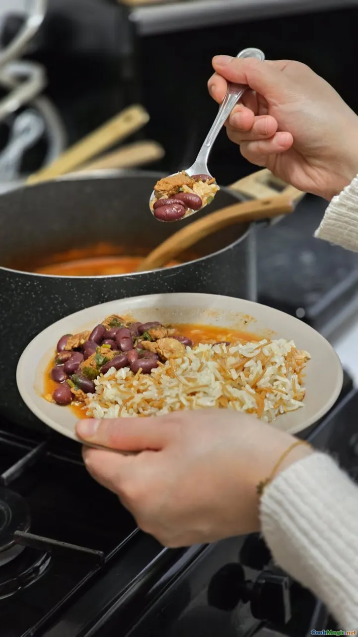 beans pot, rice, empanadas, stew base