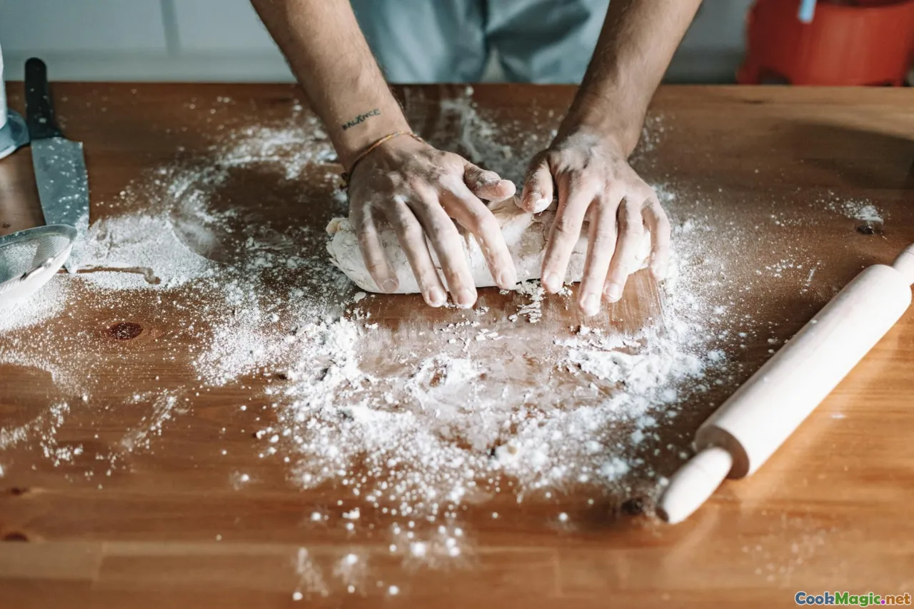 biscuit dough, hands mixing, flakey layers, rolling pin, baking sheet