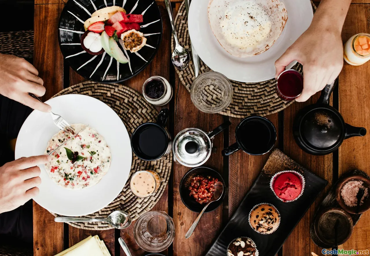 brunch table, assortment, tea cups, sauces