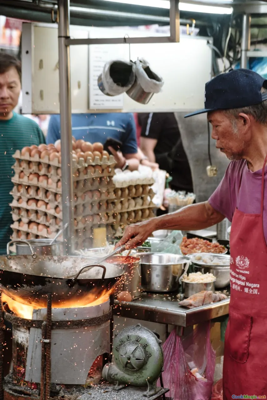 bustling market, sizzling pans, colorful spices