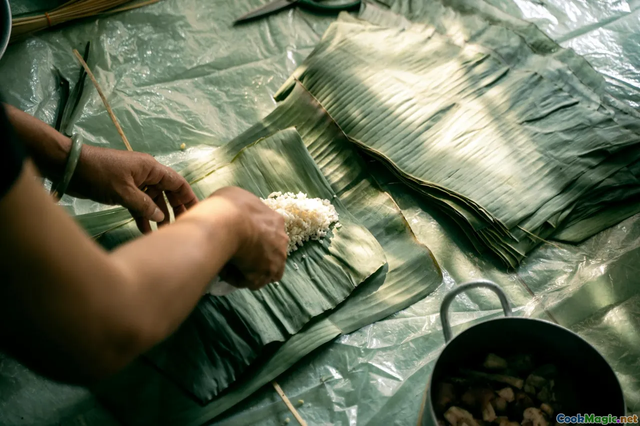 cassava preparation, banana leaf wrapping, hot stones, island cooking