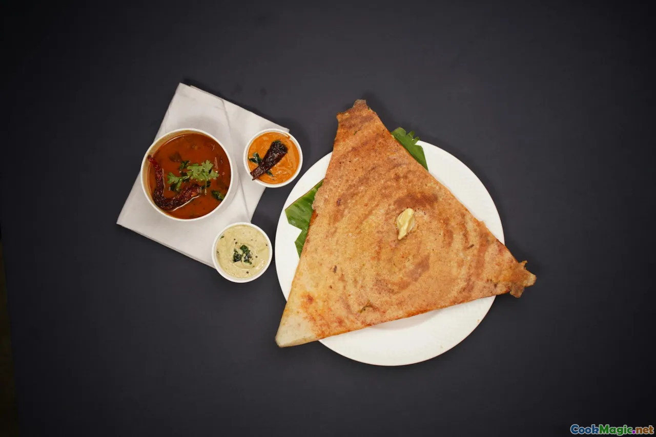 chutney, sambar, coconut, plating