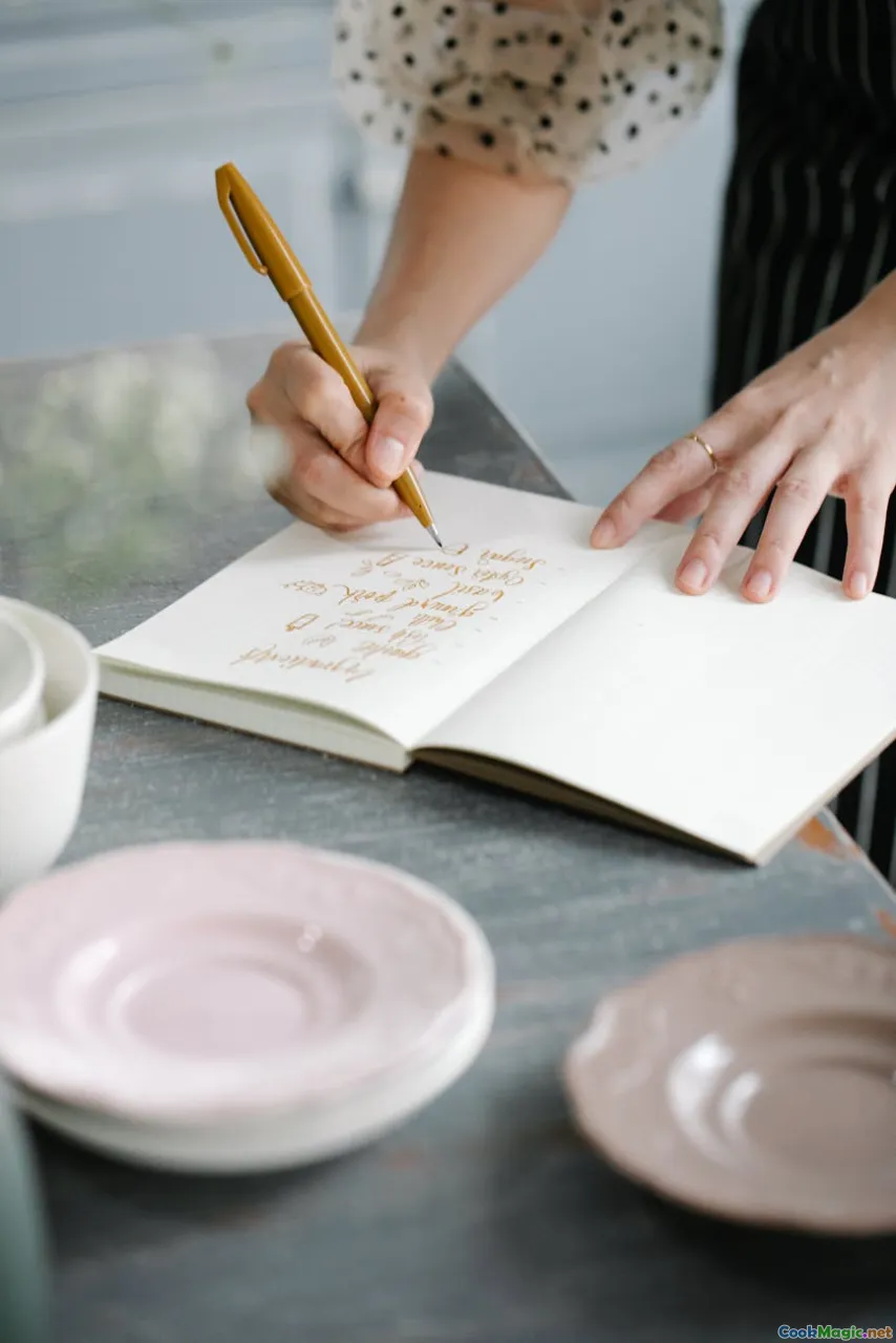 close-up dishes, hands eating, journal, candid