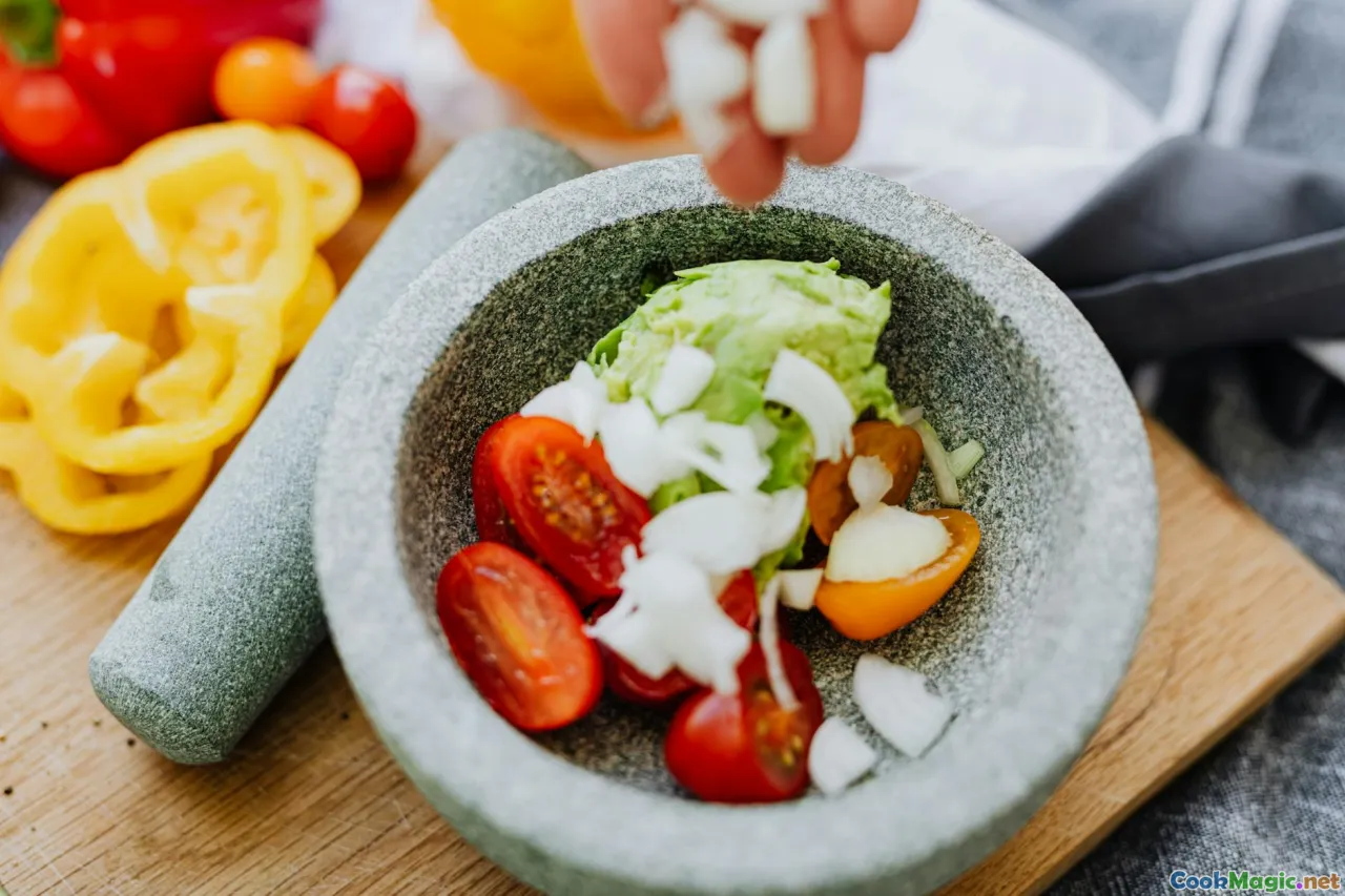 cooking, mortar and pestle, chopped onions, spices