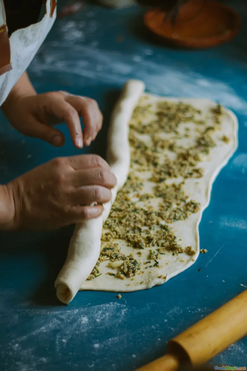 dough kneading, filling preparation, folding technique